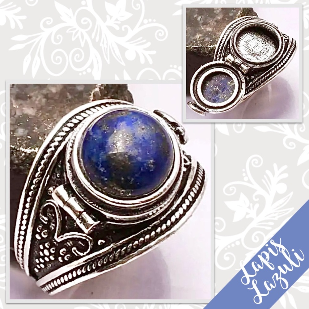 Lapis Lazuli Eclectic Silver Poison Ring, Size 8.5 (Royal Blue)